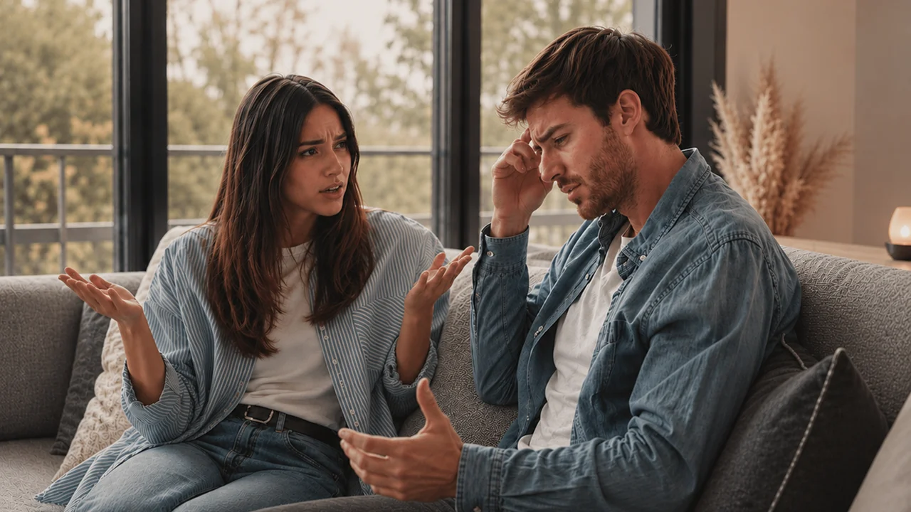 A man and a woman sitting on a couch having a casual conversation in a living room.