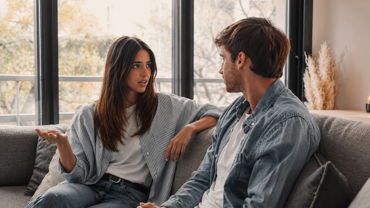 A man and a woman sitting on a couch having a casual conversation in a living room.
