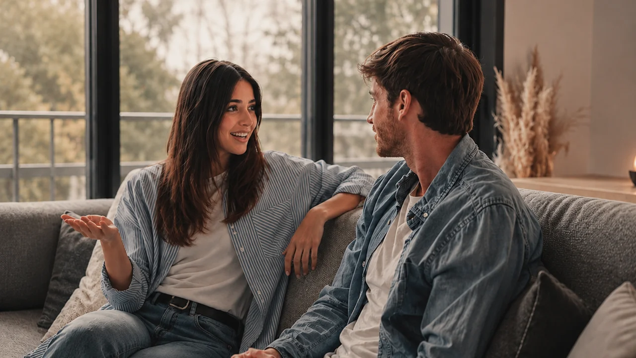 A man and a woman sitting on a couch having a casual conversation in a living room.
